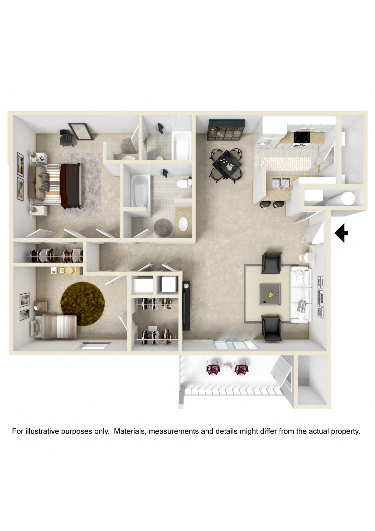Floor plan for 2 beds, 2 baths, 987 sqft